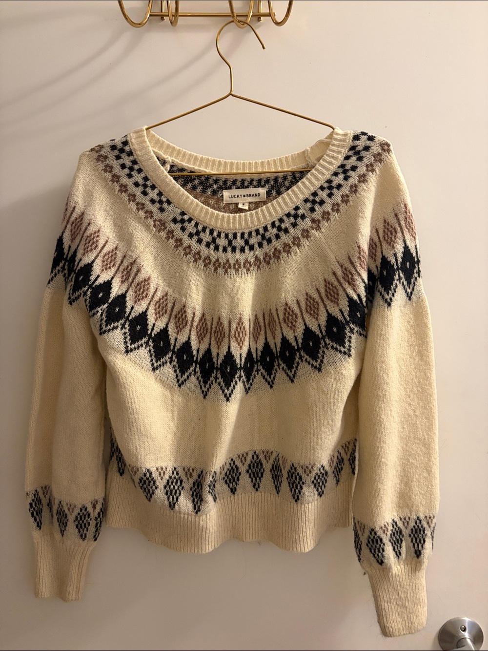 Lucky Brand Cream Fair Isle Crewneck Sweater with Navy & Brown Accents